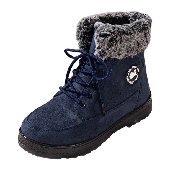 Gyexs Womens Snow Boots Slip On Womens Winter Shoes Warm Fuzzy Lace Up Round Toe Flat Mid Calf Boots Z01 Blue Size 8.5