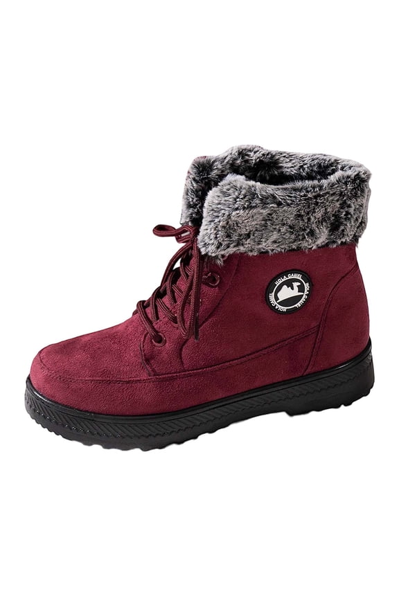 Womens Snow Boots Slip On Womens Winter Shoes Warm Fuzzy Lace Up Round Toe Flat Mid Calf Boots Z01 Red Size 8.5