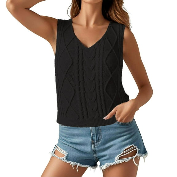 Gyexs Womens V-Neck Knitted Tank Top Summer Sleeveless Tops Sexy Tops Lightweight Ribbed Elegant Casual Knitted Top (Black, S)