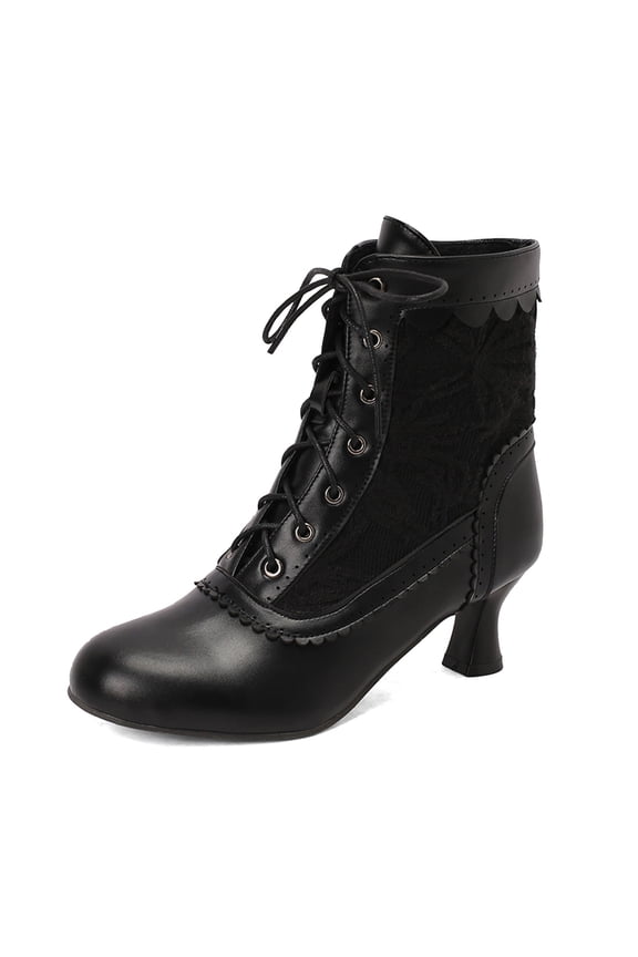 Womens Winter Boots 70s Lace Up Boots Pointed Toe Chunky Heel Ankle Boots Wingtip Closed Toe Block Chunky Mid Heel Shoes Black Size 9