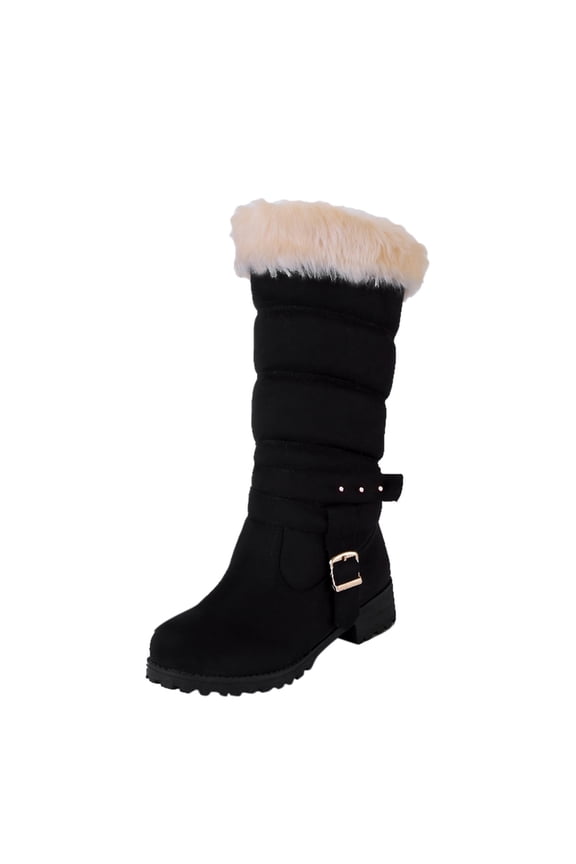 Womens Winter Mid Calf Boots Side Buckle Low Heel Faux Furry Lined Quilted Windproof Snow Boots Pull On Suede Riding Boots Black Size 9.5
