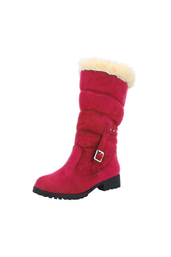 Womens Winter Mid Calf Boots Side Buckle Low Heel Faux Furry Lined Quilted Windproof Snow Boots Pull On Suede Riding Boots Red Size 8.5