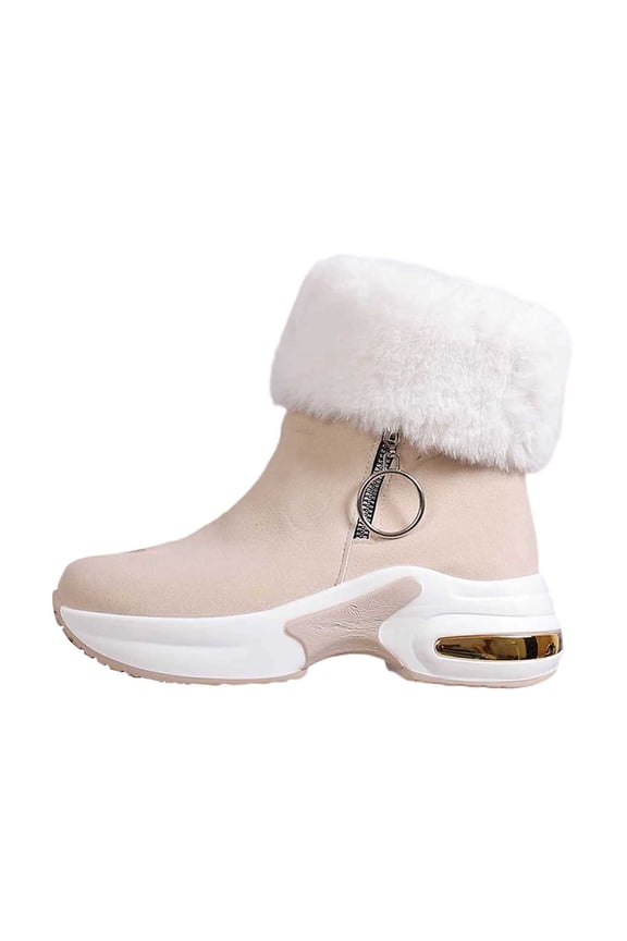 Womens Winter Snow Boots Pointed Toe High Heel Winter Short Boots Comfortable Side Zipper Platform Sneakers Booties, Beige, Size 9