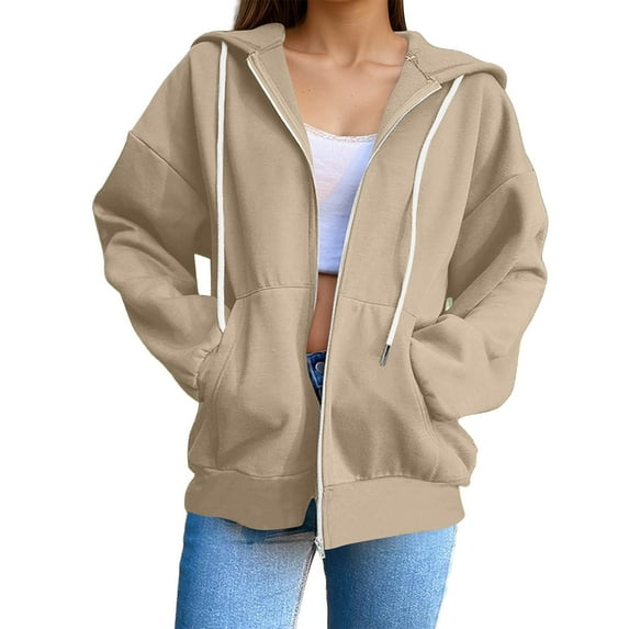 Gyexs Womens Zip Up Hoodies Casual Zip Up Fleece Sweatshirt Casual Dressy Solid Sweater Coat Fall Outfits with Pockets, Beige, Size S