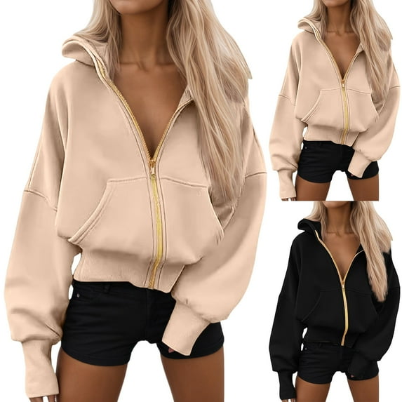 Gyexs Womens Zip Up Hoodies Long Sleeve Fashion Sweatshirt Fleece Y2K Hooded Jacket 2025 Trendy Fall Winter Clothes, Black, Size S