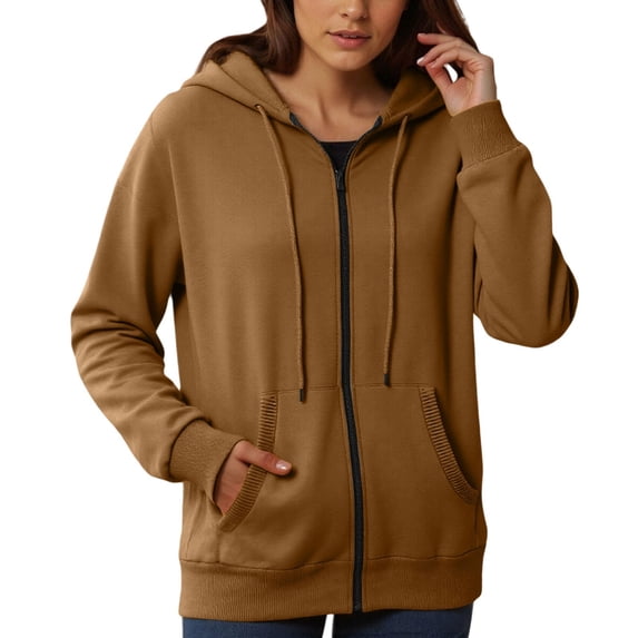 Gyexs Womens Zip Up Hoodies Long Sleeve Regular Fit Sweatshirt Workout Drawstring Hooded Track Jacket, Brown Size XXL