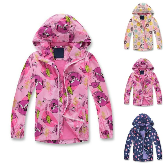 Gyexs Youth Girls Kids Rain Jackets Waterproof Lightweight Hooded Flower Cartoon Raincoats Lined Windbreakers for Outdoor (Pink, 5-6 Years)