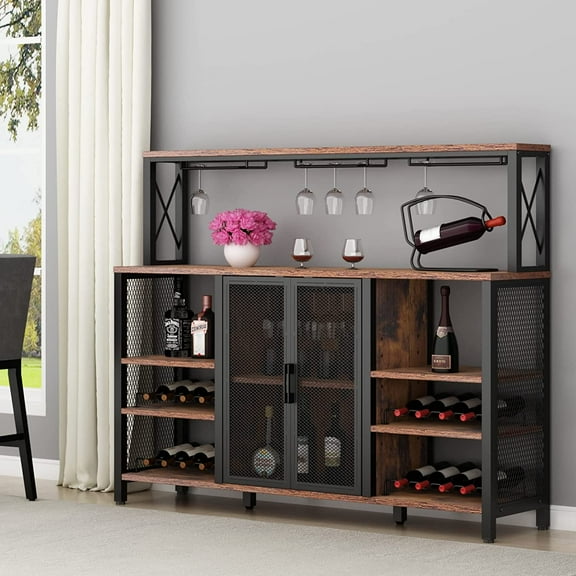 Gyfimoie Rustic Wine Bar Cabinet, 55 Inches, Vintage Brown, Iron and Particle Board