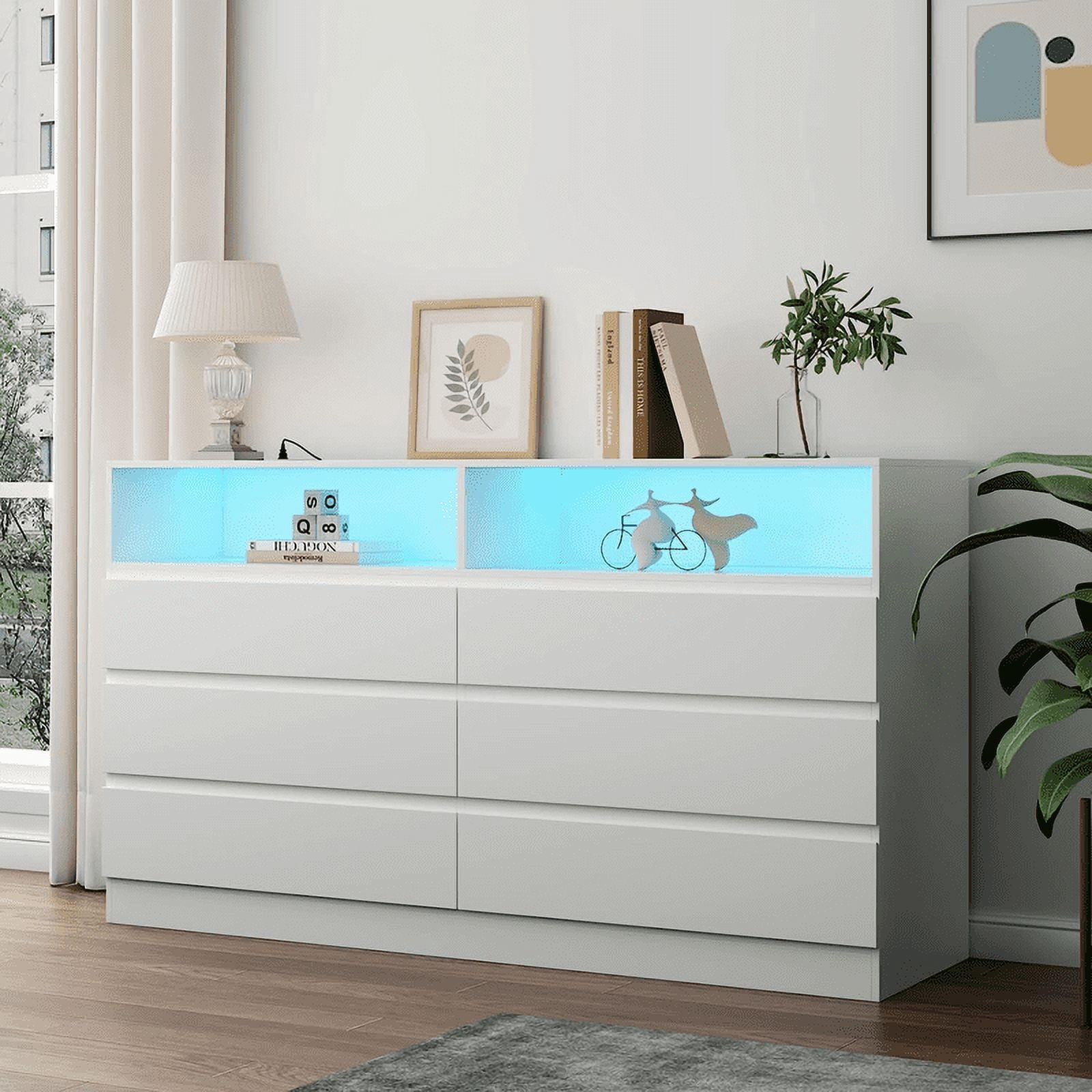 Modern Gyfimoie 6-Drawer Dresser with LED & Power Outlet, White Chest ...