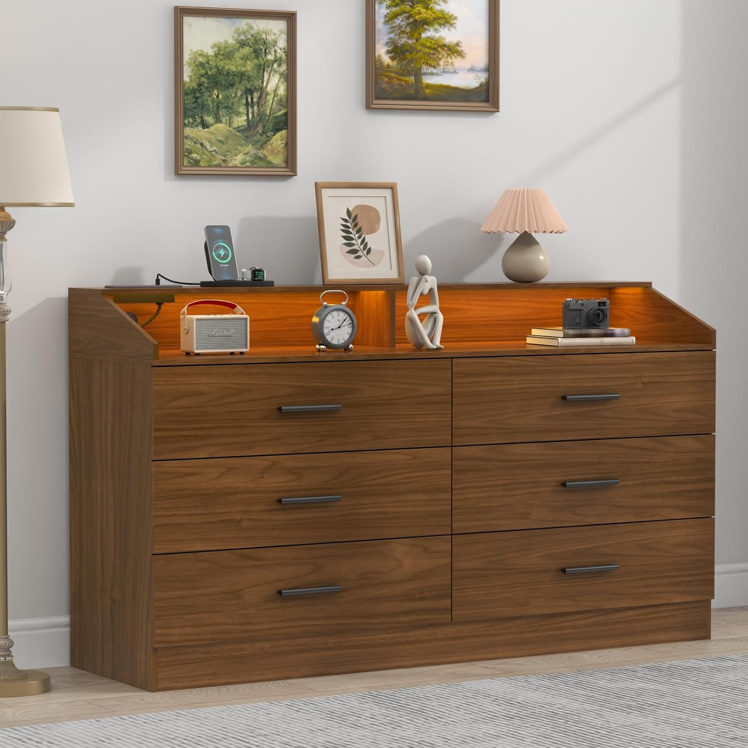 Walnut Brown 6-Drawer Dresser with LED Light and Power Outlet
