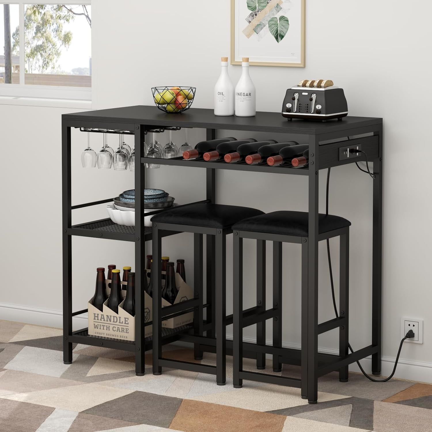 Gyfimoie Bar Table and Chairs Set with Power Outlet, Pub Table and