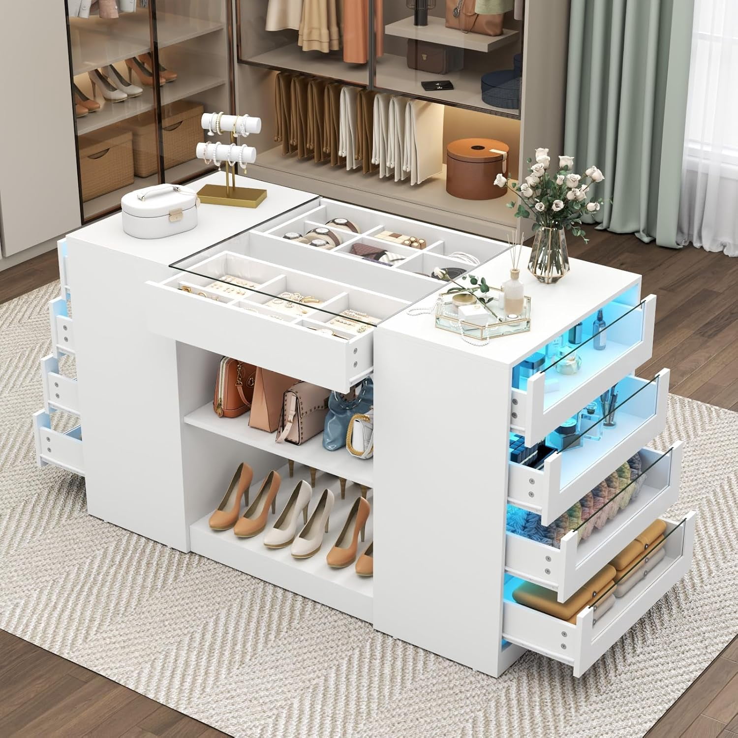 Gyfimoie Closet Island with Drawers, Armoire Wardrobe Closet with LED ...