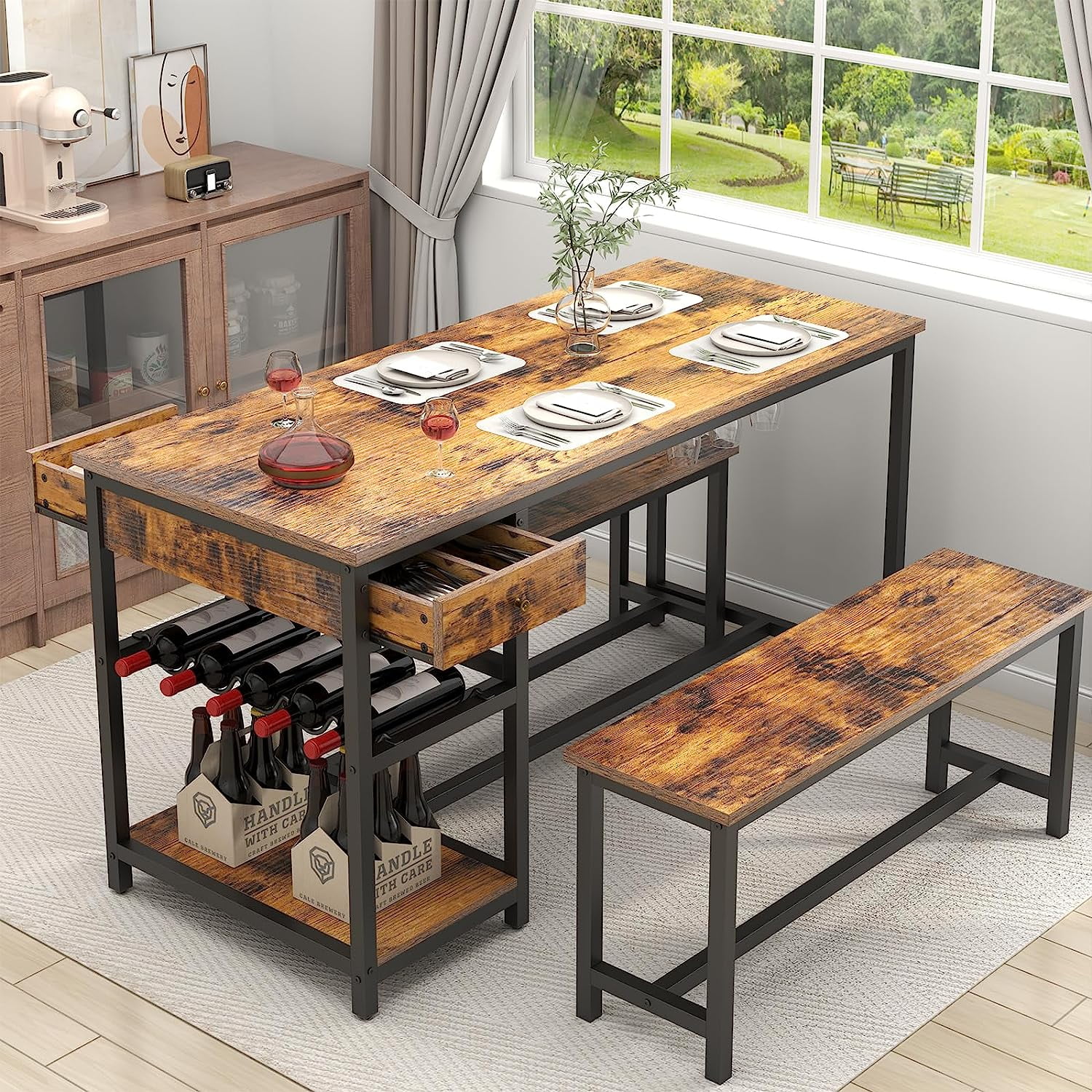 Gyfimoie Rustic Dinette Set for 4, Kitchen Table with 2 Benches