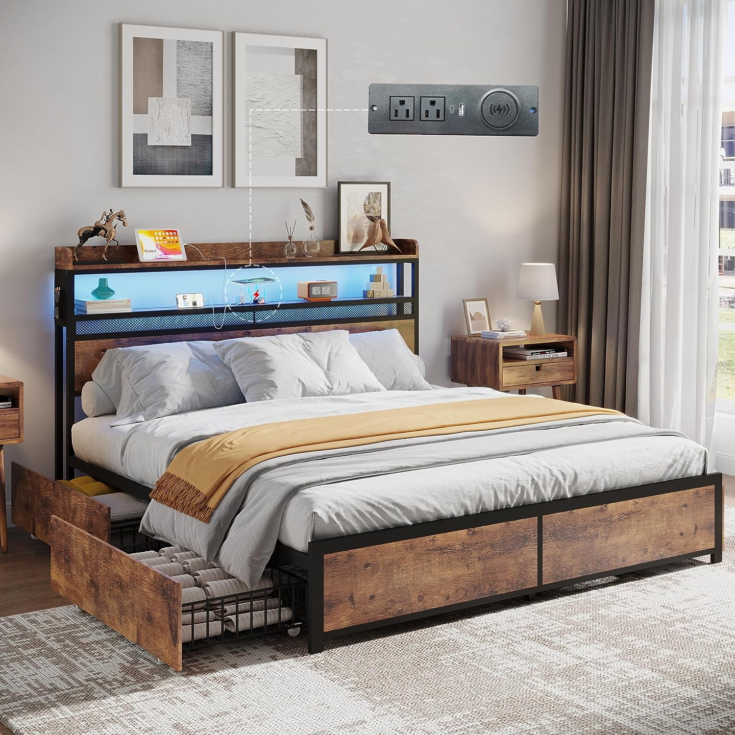 Gyfimoie Full Bed Frame With 4 Storage Drawers, Led Bed Frame With 