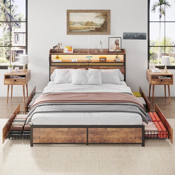 Gyfimoie Full Bed Frame with 4 Storage Drawers, LED Bed Frame with Wireless Charging & Outlets & USB & Type-C Port, Metal Platform Bed Frame with 2-Tier Storage Headboard, No Box Spring Needed(Full)