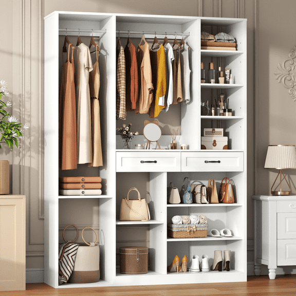 Large Wardrobe Closet with 2 Drawers, 2 Hanging Rods & Adjustable Shelves, 81" x 55" x 15" Freestanding Bedroom Armoire Storage Cabinet, White Wooden Tall Closet for Home