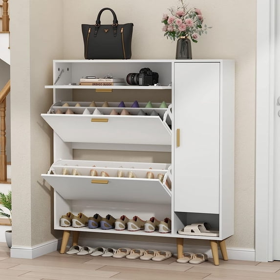 Gyfimoie Shoe Rack Cabinet, Free Standing Shoes Storage Organizer Cabinet with 3 Flip Drawers for Living Room-White