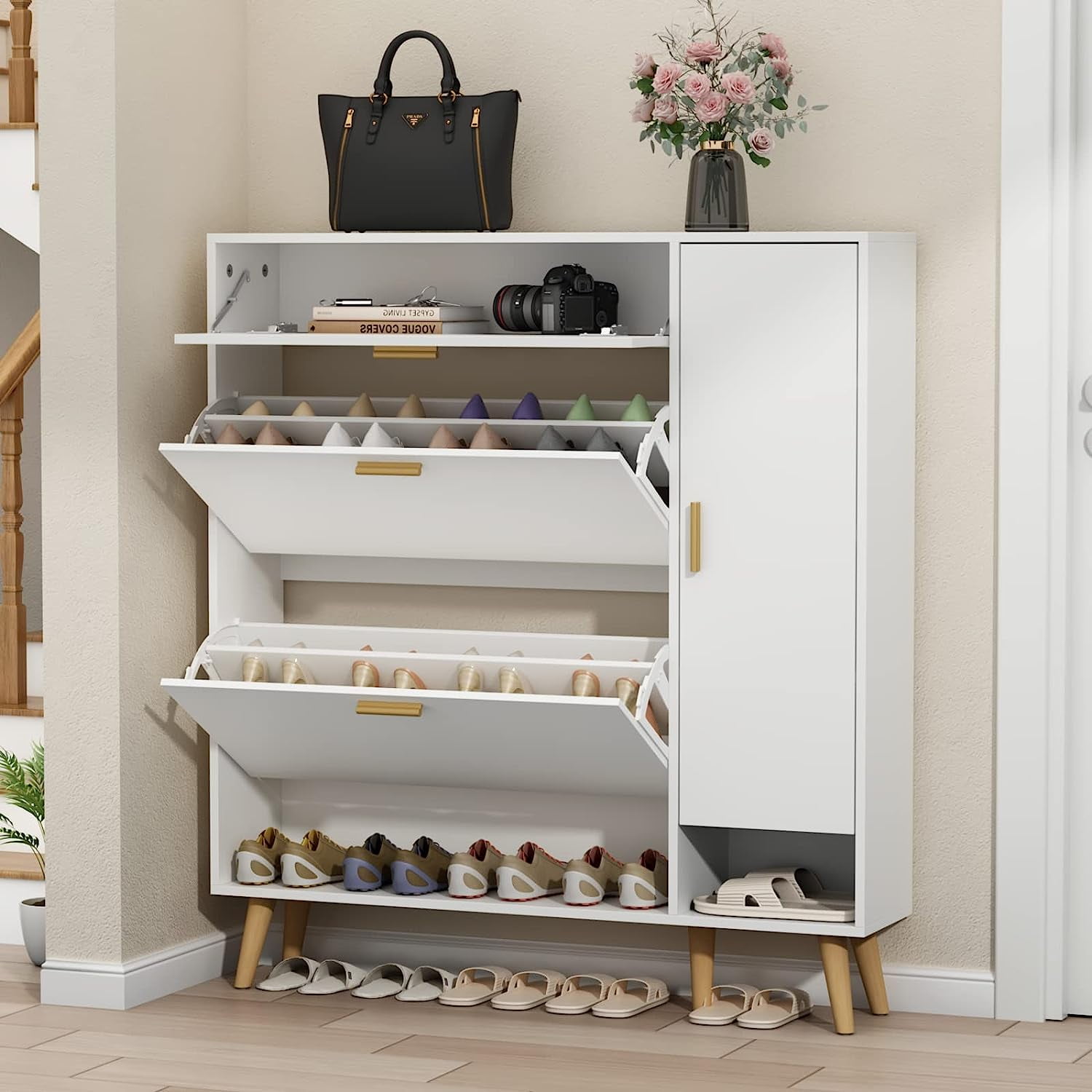 Linique Versatile Shoe Cabinet with 3 Flip Drawers,Maximum Storage Entryway  Organizer with Drawer,Free Standing Shoe Rack with Pull-Down Seat for