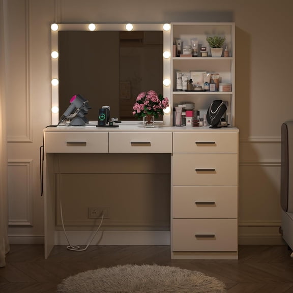 Gyfimoie White Vanity Desk with Lights