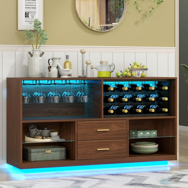 Gyfimoie Wine Bar Cabinet with Drawers and LED Lights