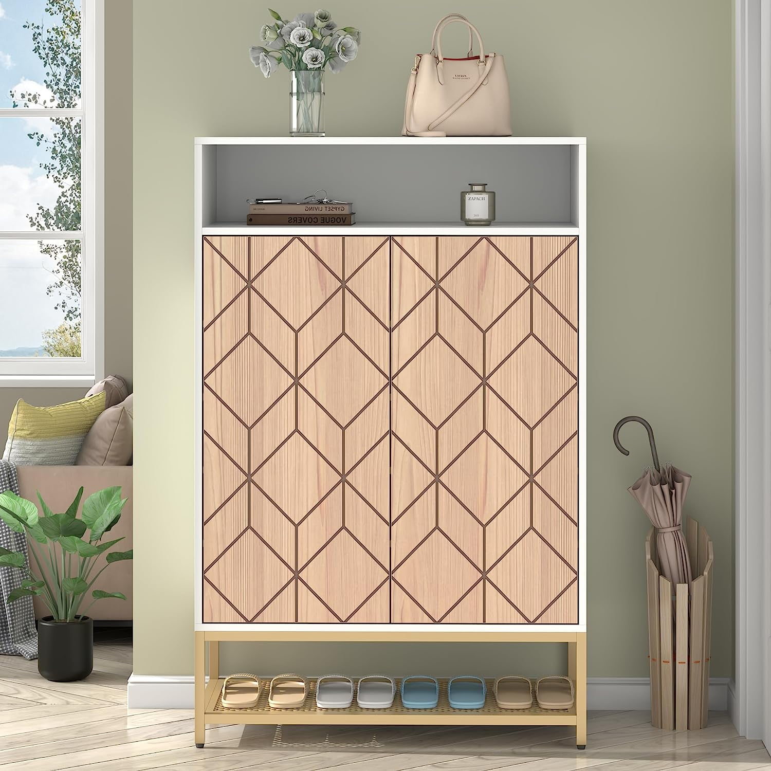 White and Natural Wood Shoe Storage Cabinet with Adjustable Shelves