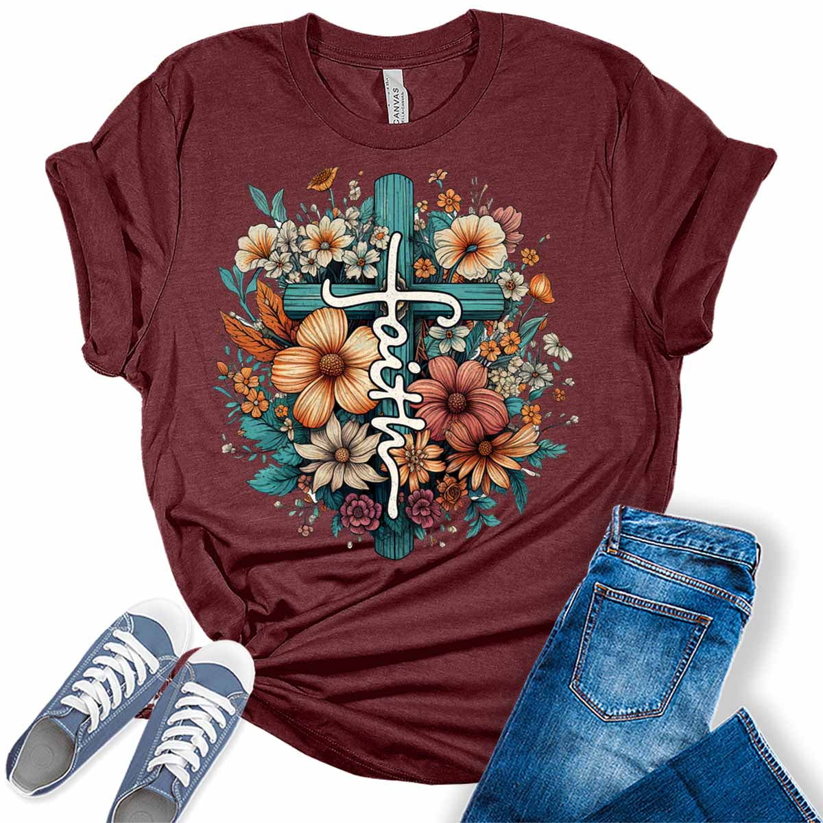 GyftWear Faith Shirt Floral Cross Tshirts Christian Graphic Tees for ...