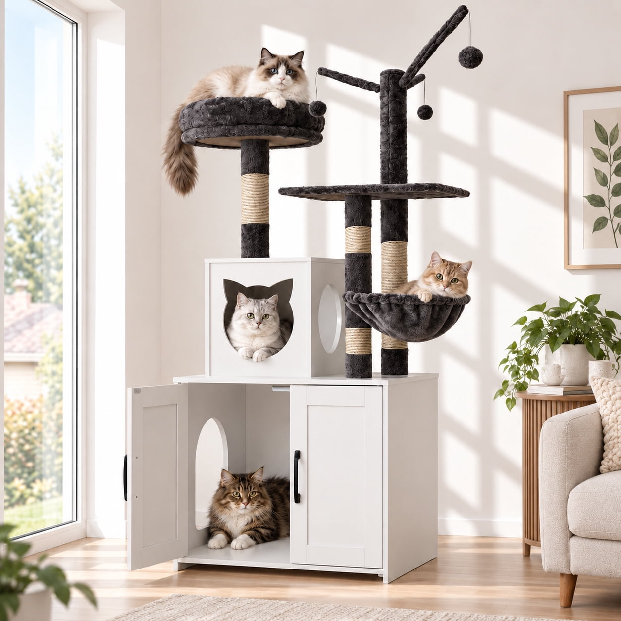 Cat Patio Multi Level Gyger,Multi Level Cat Tree with Litter Box Enclosure, Large Wooden Cat ...