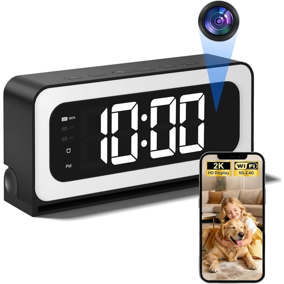 Gyliziex Clock Camera 2K, 5Ghz & 2.4Ghz WiFi Indoor Security Camera with Alarm, Full Colored Night Vision, Smart Motion Detection, Local Storage