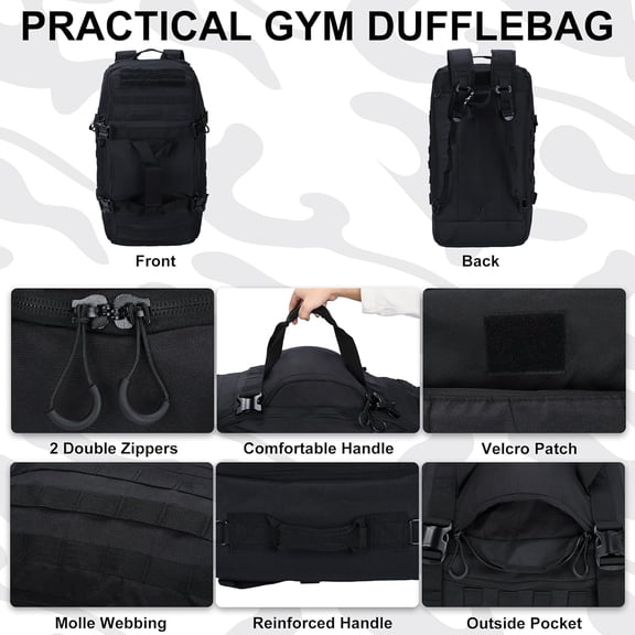 Gym Bag Duffle Bags Backpack Travel Duffle Bag with Weekend Overnight Bag for Outdoor Tactical Sports Travel Camping Hunting (Black, 80L)