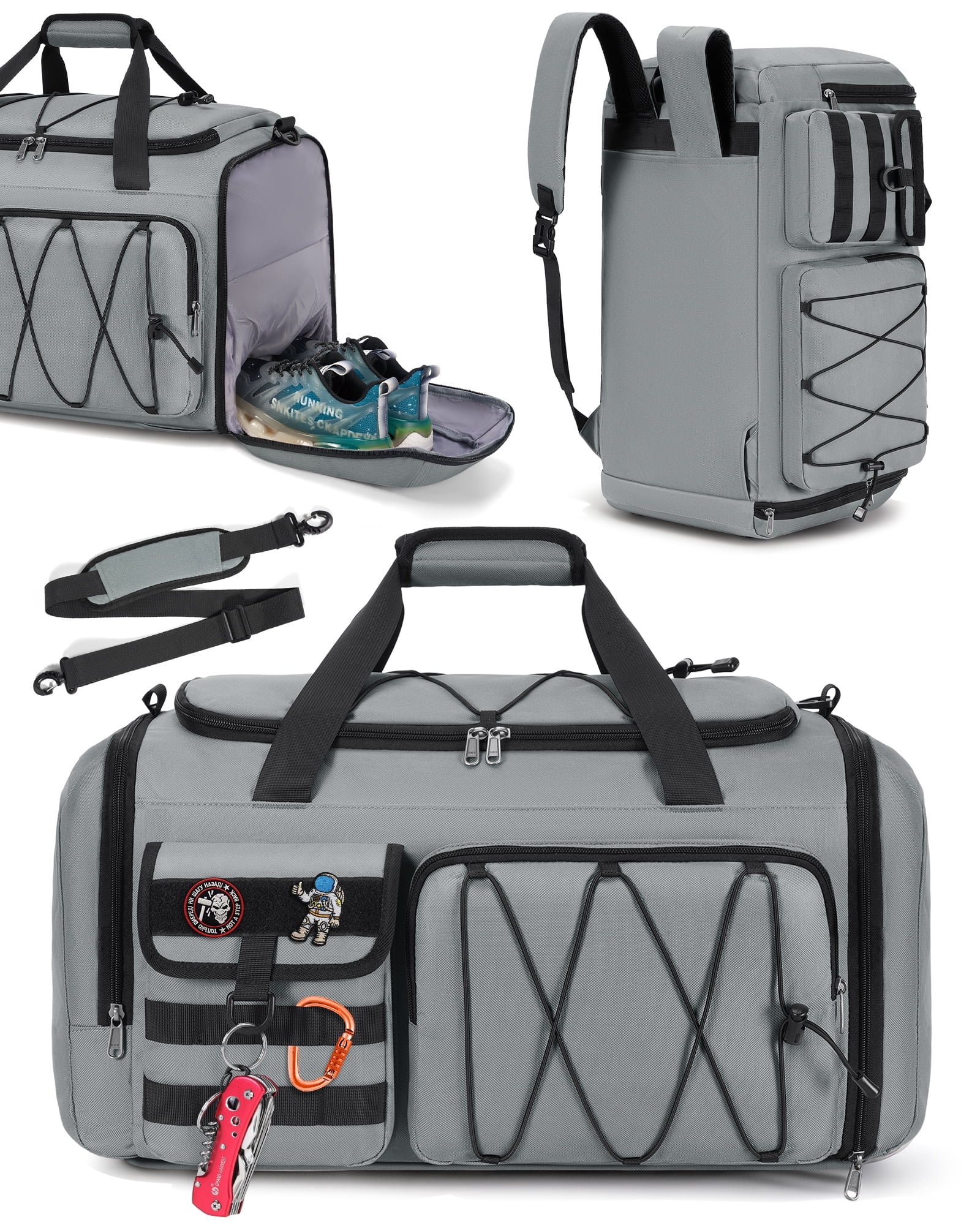 Gym Bag for Men 45L Sports Duffel Bags 3-in-1 Travel Duffel Bag with Shoe Compartment,Gym Workout Backpack Weekender Bag Overnight Bag for Travel, Grey