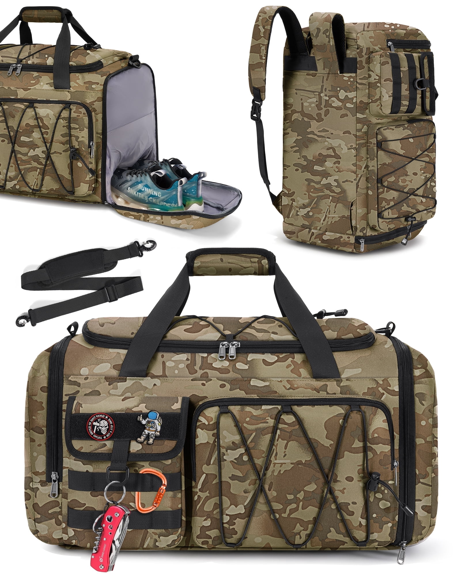 Gym Bag for Men 45L Sports Duffel Bags 3-in-1 Travel Duffel Bag with Shoe Compartment,Gym Workout Backpack Weekender Bag Overnight Bag for Travel, Khaki