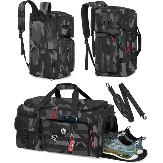 Gym Bag for Men, 45L Sports Travel Duffel Bag with Shoe & Laptop Compartment, Gym Workout Backpack Carry On Weekender Bag Overnight Backpack for Travel, Black Camo