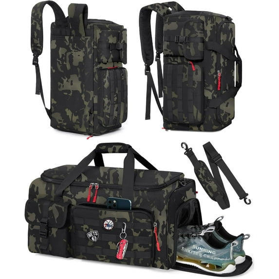 Gym Bag for Men, 45L Sports Travel Duffel Bag with Shoe & Laptop Compartment, Gym Workout Backpack Carry On Weekender Bag Overnight Backpack for Travel, Green Camo