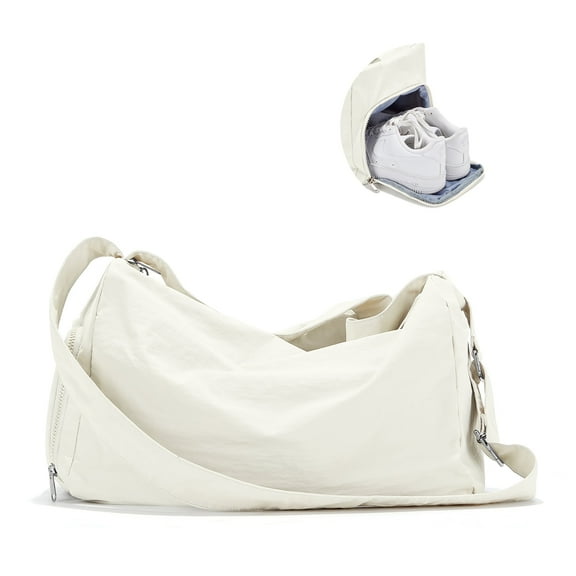 Duffle Bag for Sports with Shoe Compartment, Gym Bag for Women Men Travel Bag, Waterproof Overnight Bag Lightweight Carry on Gym Tote Bag with Wet Pocket for Swim, Yoga, Dance, Beige