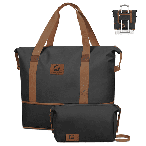 Expandable Travel Duffle Bag with Toiletry Bag, Weekender Bag Carry on Overnight Bag with Wet Pocket for Women Men, Business Trips Sports Gym Bag Hospital Mom Tote Bag for Labor and Delivery, Black