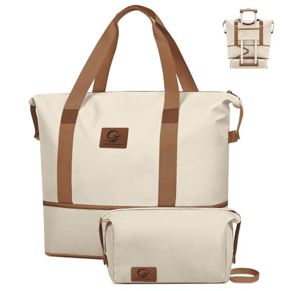 Expandable Travel Duffle Bag with Toiletry Bag, Weekender Bag Carry on Overnight Bag with Wet Pocket for Women Men, Business Trips Sports Gym Bag Hospital Mom Tote Bag for Labor and Delivery, Beige