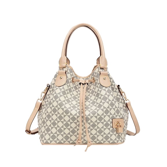 Women Bucket Handbag with Geometric Pattern High Capacity Convertible Drawstring Tote Bag with Long Shoulder Strap Crossbody Shoulder Bag For Ladies