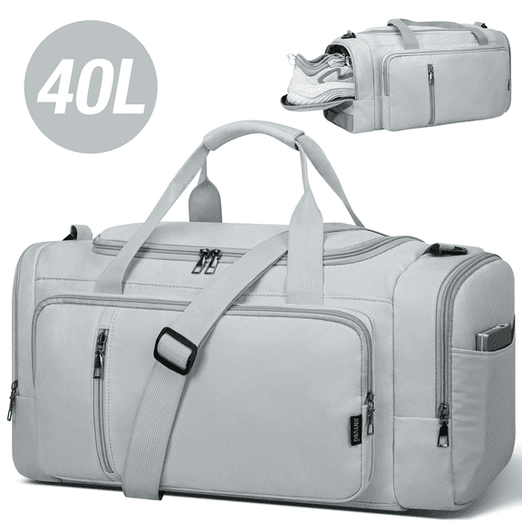 3-IN-1 Gym Bag for Women and Men, 40L Lightweight Duffle Bag for Travel with Shoe Compartment & Wet Pocket, Convertible Travel Bag and Gym Backpack Waterproof Weekender Overnight Bag for Women, Gray