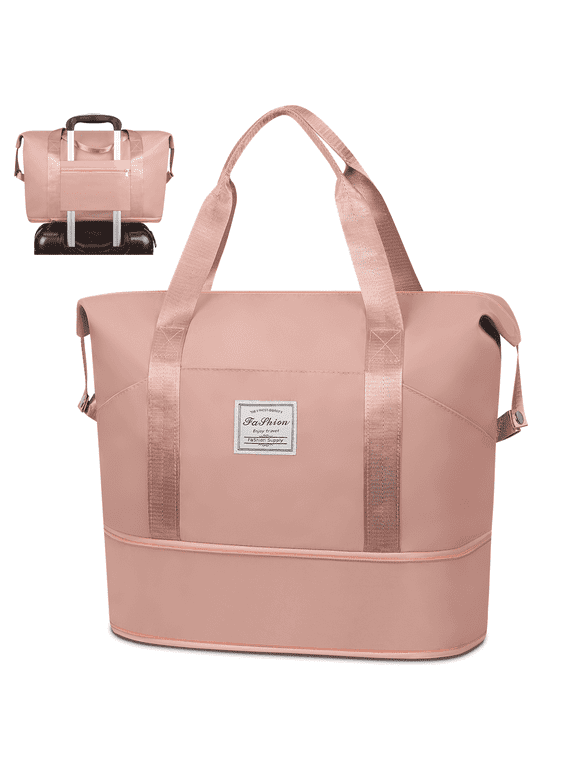 Expandable Travel Duffle Bag, Weekender Bag Carry on Overnight Bag with Wet Pocket for Women Men, 35L Foldable Personal Item Bag Sports Tote Gym Bag Hospital Mom Tote Bag for Labor and Delivery Pink