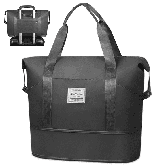 Expandable Travel Duffle Bag, Weekender Bag Carry on Overnight Bag with Wet Pocket for Women Men, 35L Foldable Personal Item Bag Sports Tote Gym Bag Hospital Mom Tote Bag for Labor and Delivery Black