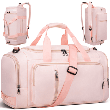 Gym Bag for Men & Women with Shoe Compartment and Wet Pocket, Convertible Waterproof Sports Duffle Bag and Travel Backpack, 3 In 1 Weekender Overnight Bag, 40L Carry On Weekender Bags for Men, Pink
