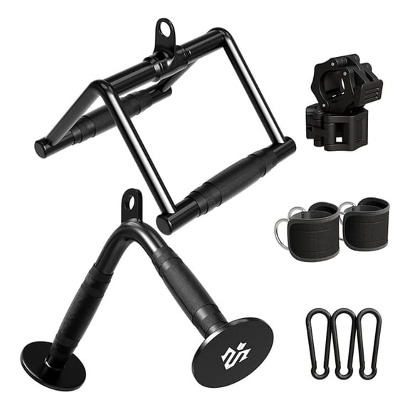 Gym Cable Attachments Set - Heavy Duty LAT Pulldown V Bar, Double D Handle, Ankle Straps & Clamps - Home Gym Cable Machine Accessories