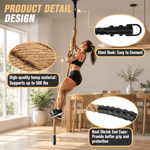 Gym Climbing Rope For Adults Indoor Outdooring Ropes 1.5" X 10ft | Durable With Heavy-duty Carabiner Adult Crossfit Home Workout