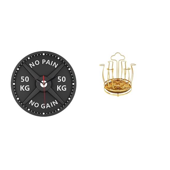 Gym Clock Barbell Clock Coffee Cup Holder Rotatable Iron Construction for Workout Room Kitchen or Living Area