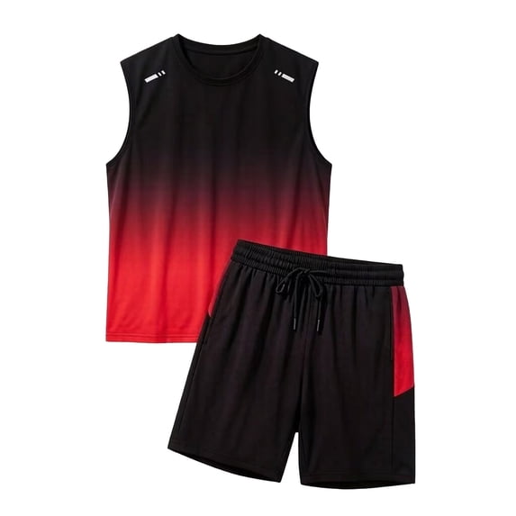 Gym Clothes for Men Workout Tank Shirts Sets Athletic 2-Piece Outfit Gradient Tank Shorts for Running Football Athletic Exercise Red XXXXXL