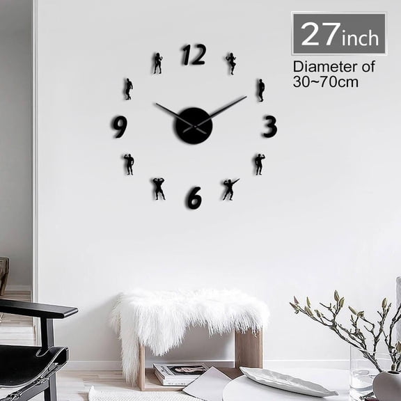 Gym DIY Wall Clock Modern Keep Fit Bodybuilding Lose Weight Fitness Frameless Wall Watch Giant 3D Mirror Wall Sticker(Black,27inch)