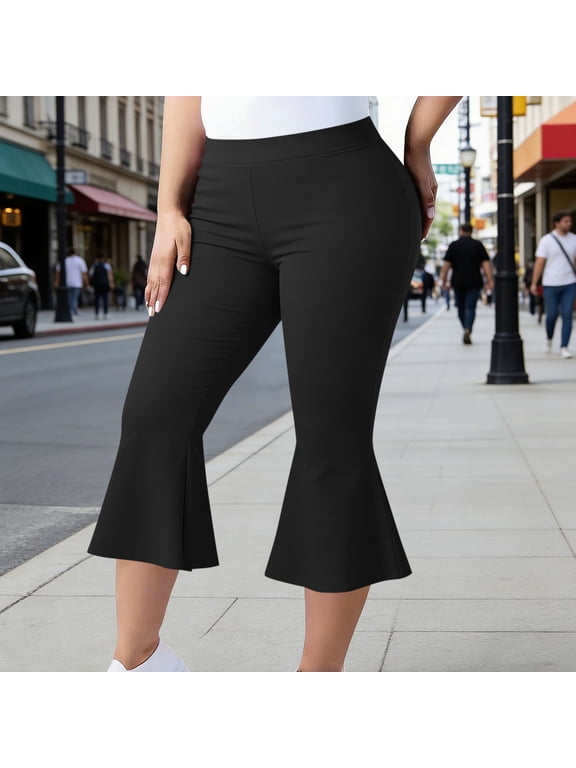 Gym Daily Essential Plus Size Women Yoga Capris, Solid Elastic Waist Flared Cropped Leggings, Stretch Workout Pants for Indoor Walking Daily Wear Black 4XL