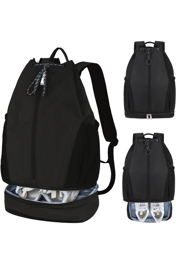 Gym Drawstring Backpack with Shoe Compartment - Bag, Lightweight & Breathable for Gym, Travel, Yoga | Large Capacity, Foldable Design Black