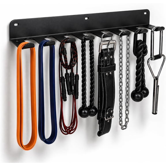 Gym Equipment Storage Rack - Multi-Purpose Home Gym Organization Storage Wall Mount for Resistance Bands, Jump Ropes, Lifting Belt, Chains, Barbells (16" / 8 Prongs)
