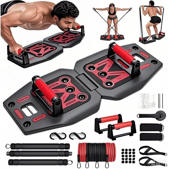 Gym Exercise Equipment - Portable Workout System 17 Fitness Accessories 9 in1 Push Up Board Set, Resistance Bands with Pilates Bar Strength  Abs